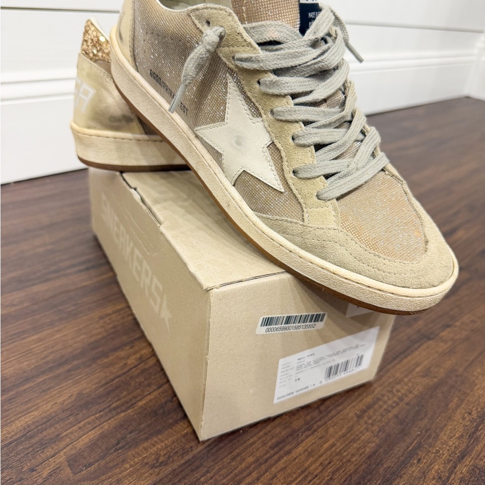 Golden Goose Beige Suede Low-Top Sneakers with White Star and Gold Heel